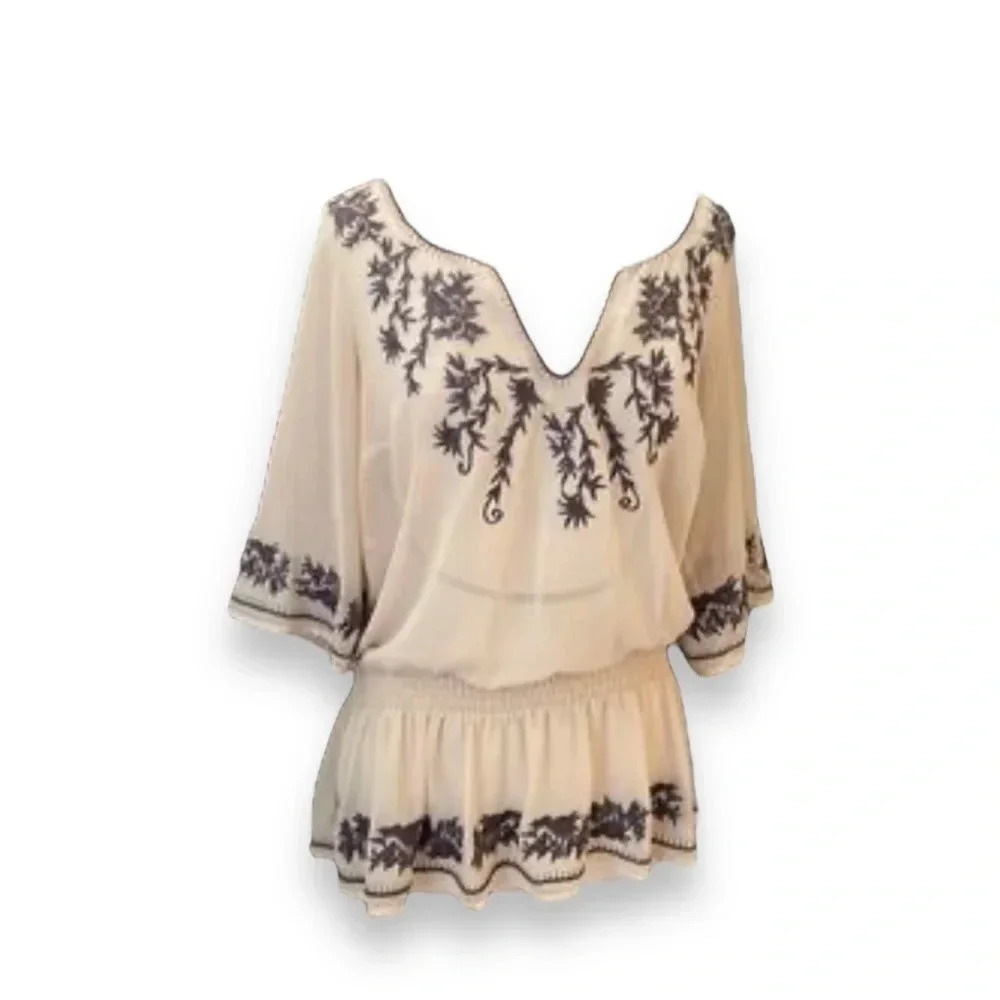Faith TWENTY ONE Peasant Blouses‎ Gathered Waist Semi Sheer Embroidered Size 1X